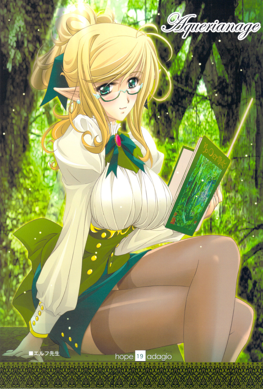 aquarian_age, blonde_hair, blush, book, bow, breasts, earrings, elf