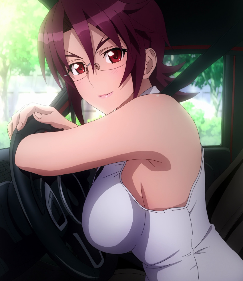 1girl, breasts, car, female, glasses, ground_vehicle, highres, huge_breasts, large_breasts, motor_vehicle, red_eyes, screencap, short_hair, sideboob, sitting, smile, solo, stitched, triage_x, tsurugi_miki