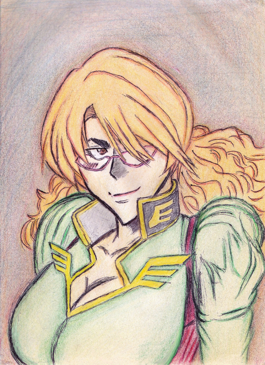 1girl, blonde_hair, breasts, brown_eyes, cleavage, female, glasses, gundam