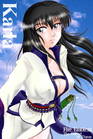 1girl, black_hair, breasts, character_name, clouds, copyright_name, female, fire_emblem