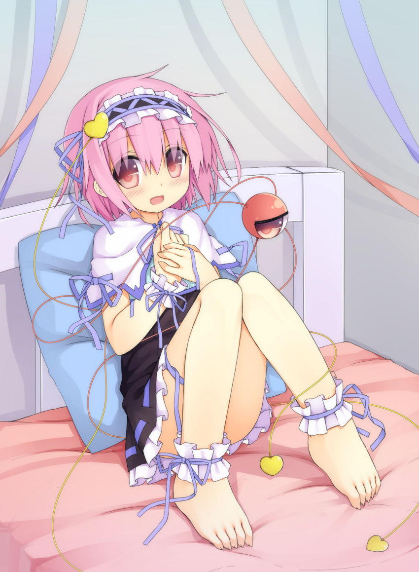 1girl, akirame, alternate_costume, ankle_cuffs, barefoot, bed, black_dress, blush