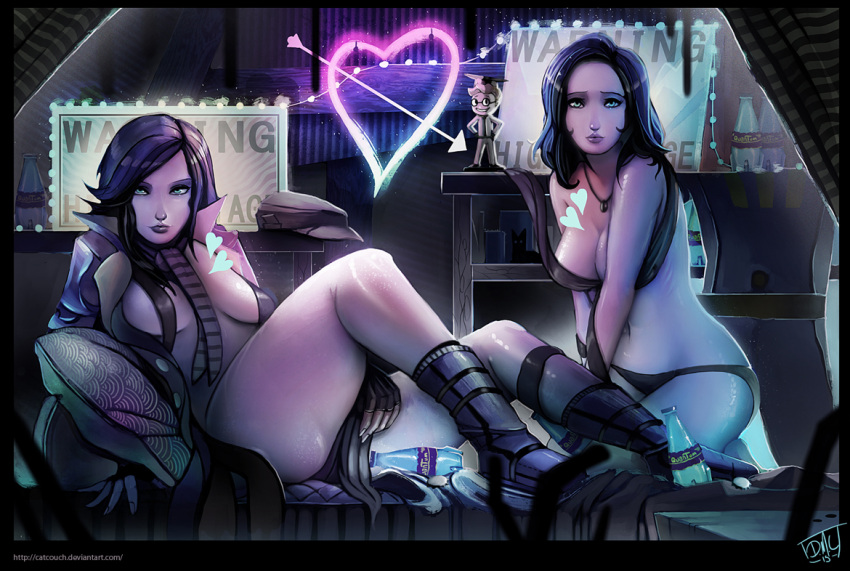 2girls, black_hair, breasts, catcouch, fallout, fallout_4, jacket, kneeling, looking_at_viewer, multiple_girls, navel, neon, nora_(fallout_4), piper_wright, reclining, scarf, soda_bottle, stomach
