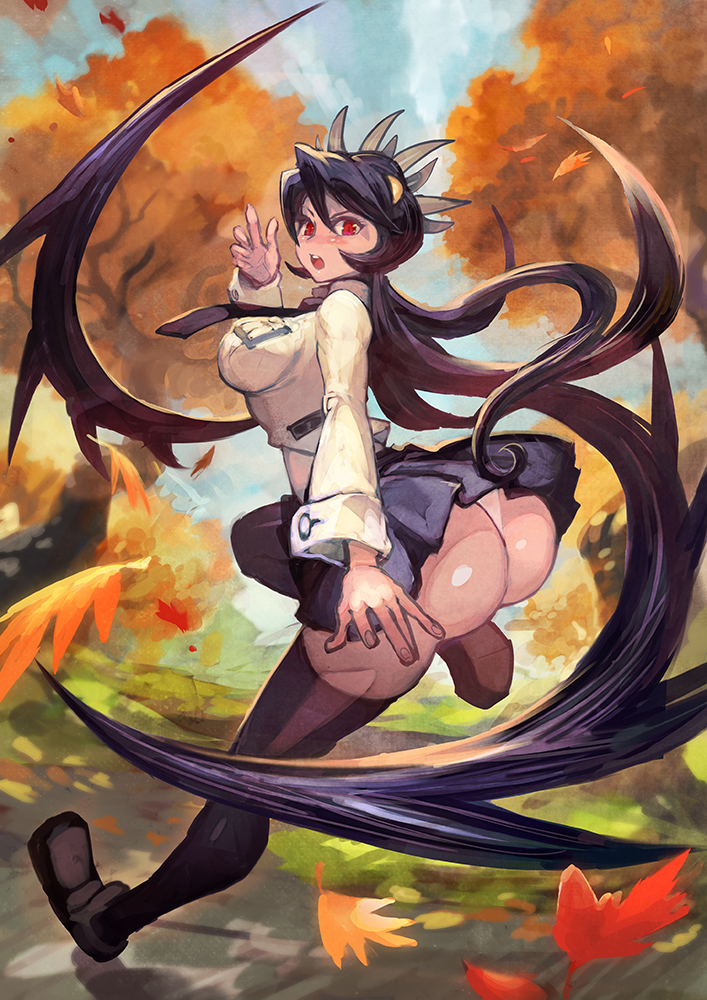 1girl, ass, black_hair, fangs, filia_(skullgirls), huge_ass, lalalalack, leaf, panties, pantyshot, pantyshot_(standing), samson_(skullgirls), skirt, skullgirls, solo, standing, thigh-highs, underwear