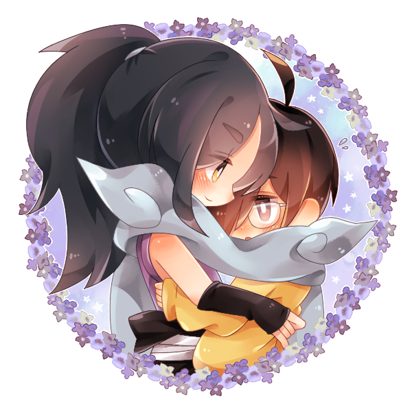 2boys, ahoge, black_eyes, black_hair, blush, brown_hair, glasses, high_ponytail