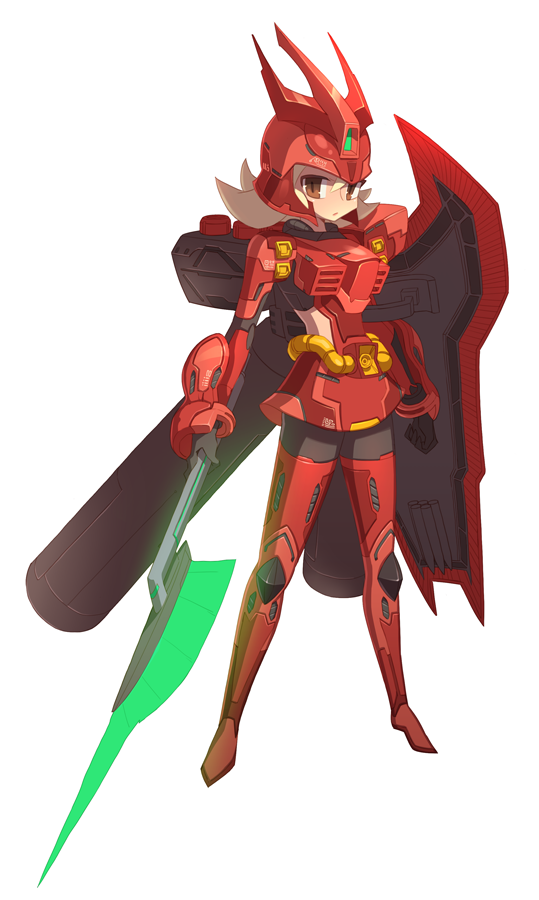 1girl, beam_axe, blonde_hair, brown_eyes, char's_counterattack, energy_sword, gundam, mecha_musume