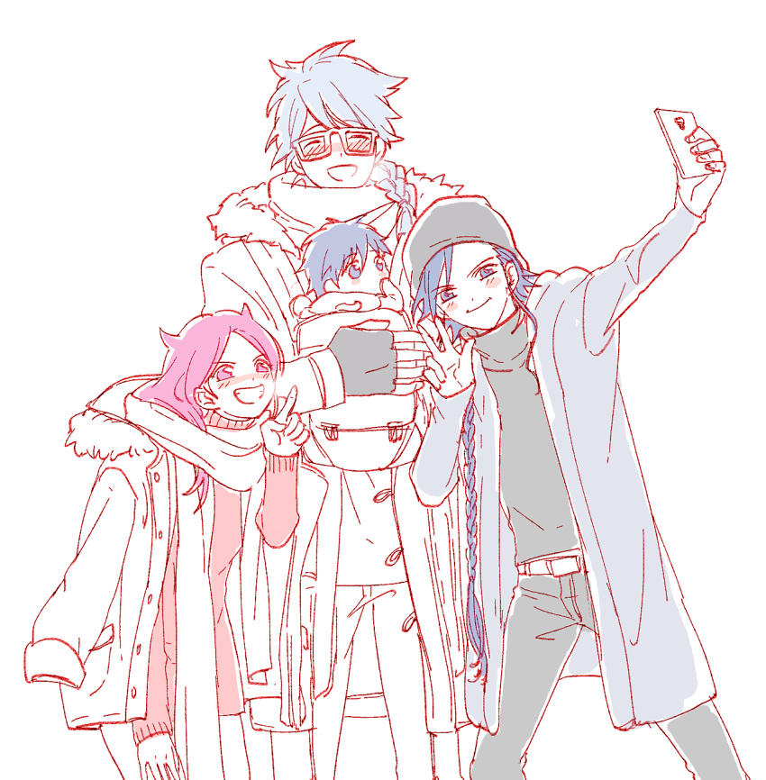 1girl, 3boys, :d, aladdin_(magi), alternate_costume, baby, bag, belt, blue_eyes, blue_hair, blush, braid, breath, coat, contemporary, family, glasses, grin, hat, highres, hood, hood_down, hooded_jacket, jacket, jacket_on_shoulders, long_hair, long_sleeves, magi_the_labyrinth_of_magic, multiple_boys, noeunjung93, open_mouth, pants, pink_hair, pointing, red_eyes, scarf, self_shot, sheba_(magi), simple_background, single_braid, sketch, smile, solomon_jehoahaz_abraham, sweater, taking_picture, turtleneck, uugo, very_long_hair, w, what_if, white_background, winter_clothes