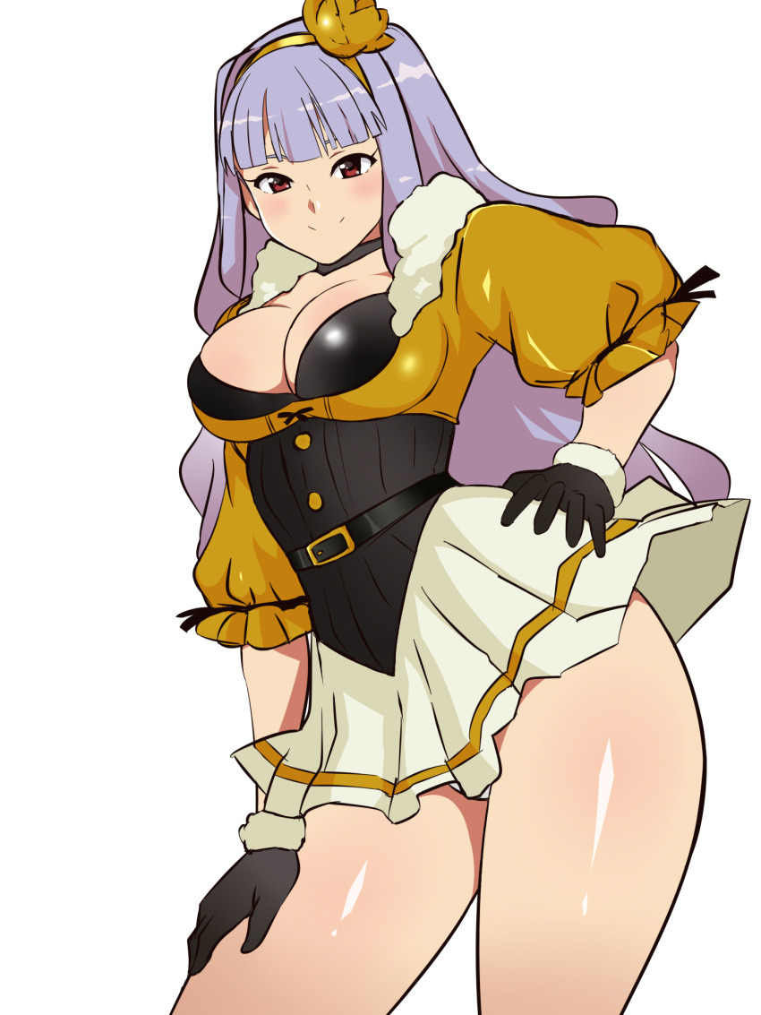 1girl, belt, beyond_the_nobles, black_gloves, breasts, choker, cleavage, female