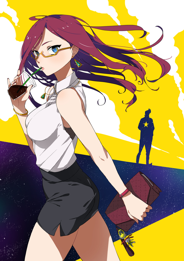 1boy, 1girl, apon, bag, blue_eyes, bracelet, brown_hair, clouds