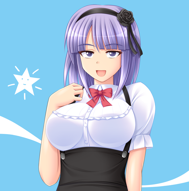 1girl, :d, breasts, dagashi_kashi, female, flower, hair_flower, hair_ornament