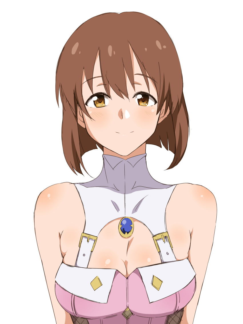 1girl, bare_shoulders, breasts, brown_eyes, brown_hair, cleavage, female, hagiwara_yukiho, highres, idolmaster, kagemusha, pink_diamond_765, short_hair, simple_background, smile, solo, white_background