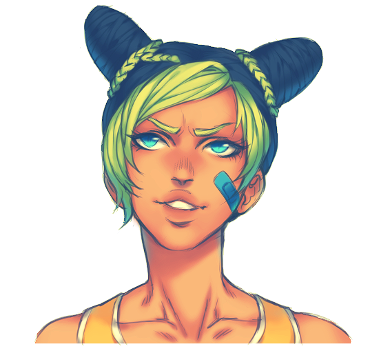 1girl, aqua_eyes, bandaid, bandaid_on_face, blue_hair, collarbone, dinkydins, double_bun, face, green_hair, jojo_no_kimyou_na_bouken, kuujou_joutarou, multicolored_hair, portrait, solo, tank_top, two-tone_hair