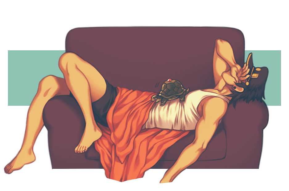1boy, barefoot, black_hair, blanket, coco_jumbo, couch, covering_face, dinkydins