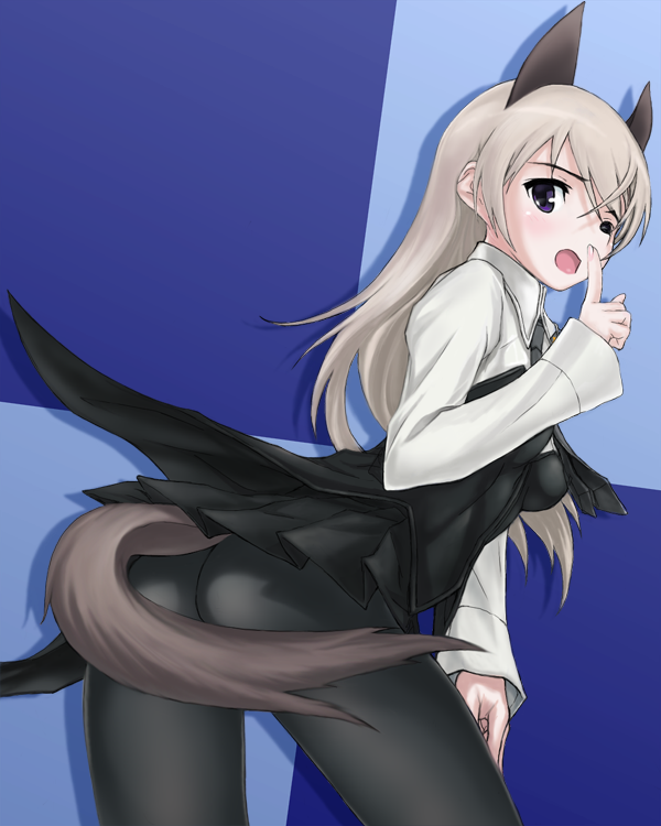 ass, black_legwear, black_pantyhose, cosplay, eila_ilmatar_juutilainen, long_hair, pantyhose, sanya_v_litvyak, sanya_v_litvyak_(cosplay), shikkaku, silver_hair, solo, strike_witches, tail