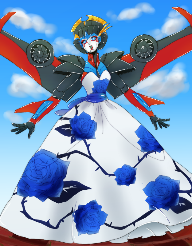 akycoo, autobot, blue_eyes, dress, flower, lipstick, makeup, mecha_girl