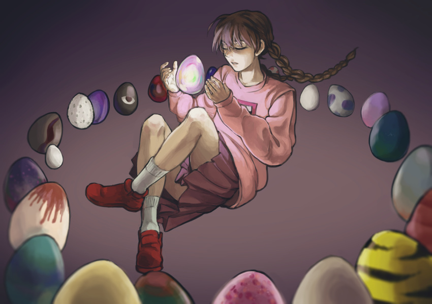 1girl, blurry, braid, brown_hair, depth_of_field, egg, full_body, gehirnkaefer