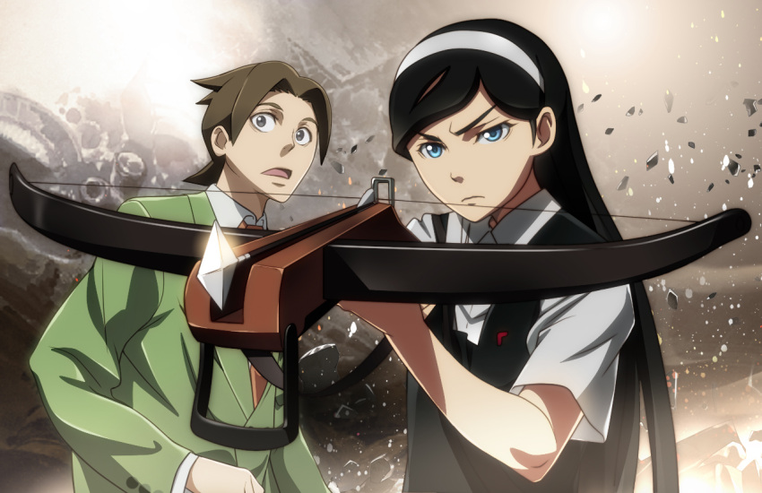 1boy, 1girl, black_hair, blue_eyes, bow_(weapon), brown_hair, crossbow, foreshortening