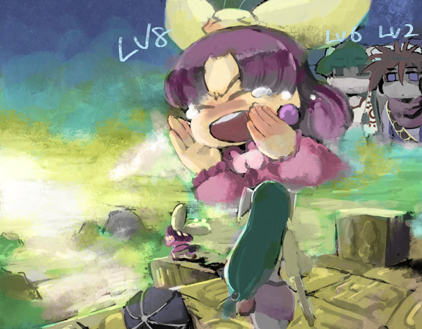1boy, 2girls, feena_(grandia), grandia, grandia_i, imui, justin_(grandia), multiple_girls