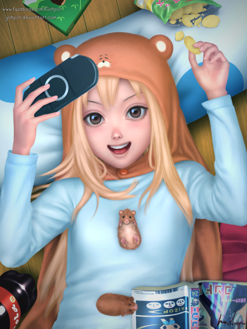 1girl, :d, bad_id, blonde_hair, bottle, brown_eyes, chips, doma_umaru