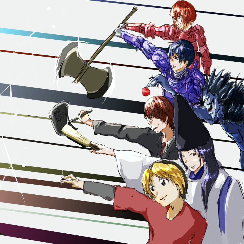 00s, 1girl, 4boys, all_you_need_is_kill, apple, axe, book, crossover