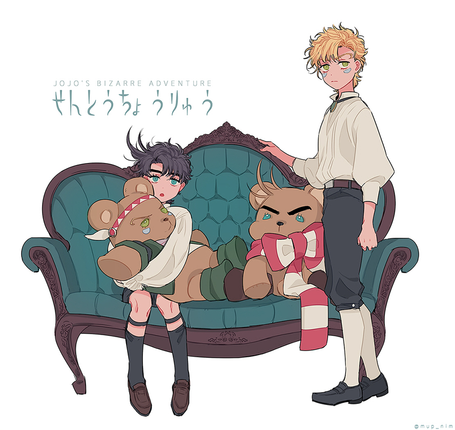 2boys, black_hair, blonde_hair, bow, caesar_anthonio_zeppeli, couch, facial_mark, formal