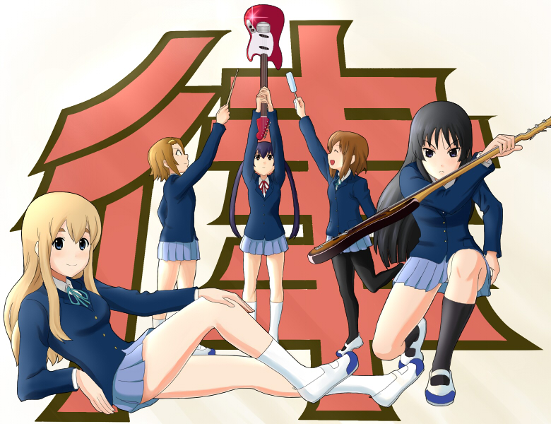 5girls, akiyama_mio, bass_guitar, black_hair, blonde_hair, brown_hair, drumsticks, electric_guitar
