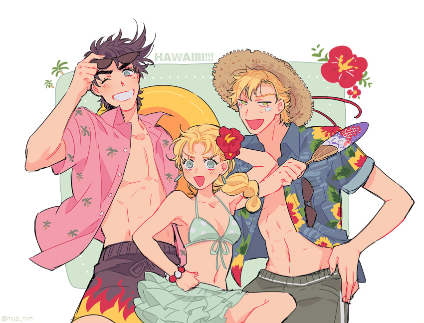 1girl, 2boys, abs, bead_bracelet, beads, bikini, black_hair, blonde_hair