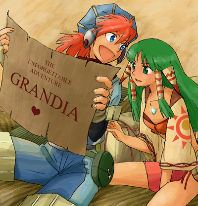 >:), 1boy, 1girl, feena_(grandia), grandia, grandia_i, green_eyes, green_hair, hair_ornament, hair_tubes, jewelry, justin_(grandia), long_hair, low-tied_long_hair, lowres, midriff, muromachi, necklace, tied_hair, wide_sleeves