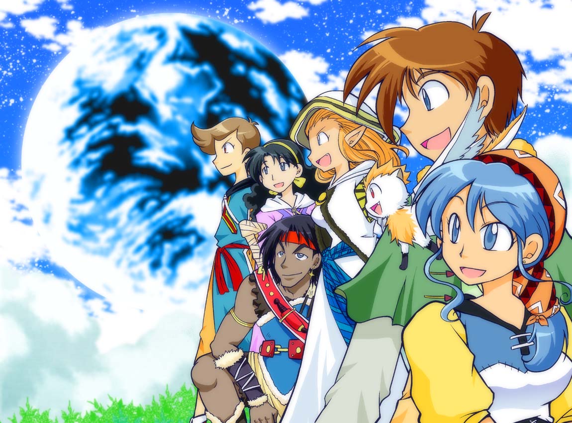 3boys, 3girls, 90s, alex_noah, bandanna, bird, blue_eyes, blue_hair, dress, hair_over_shoulder, headband, jessica_de_alkirk, kyle_(lunar), luna_(lunar), luna_noah, lunar, lunar:_the_silver_star, markings, mia_ausa, multiple_boys, multiple_girls, nall_(lunar), nash_rumack, pointy_ears, ponytail, sword, weapon