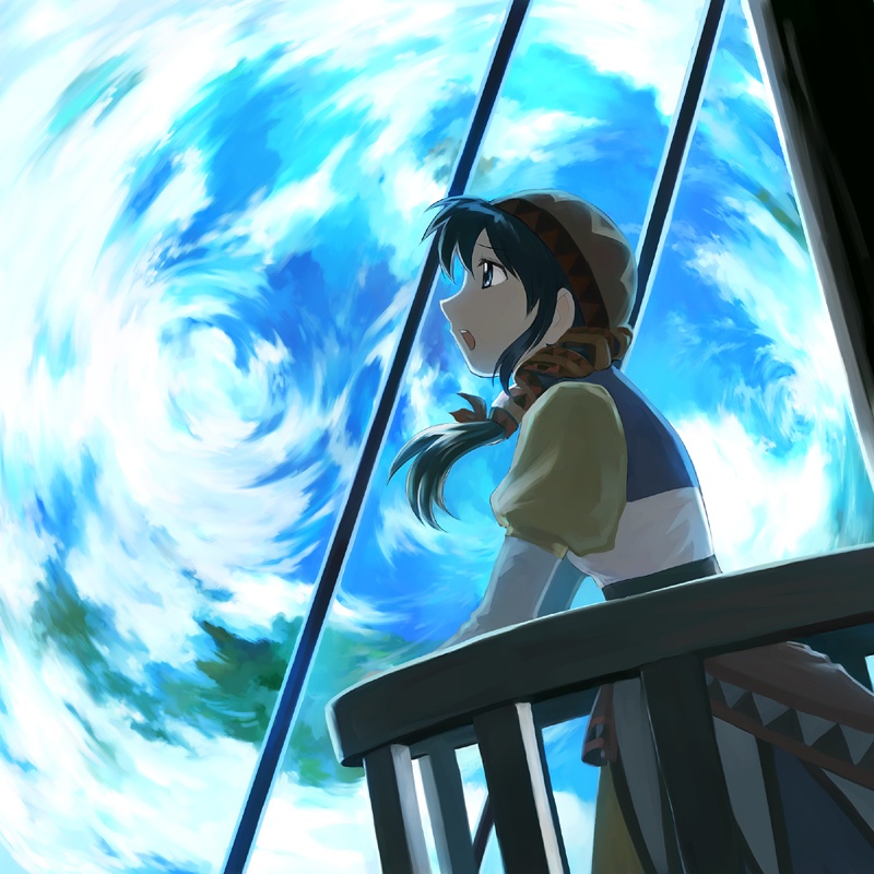 1girl, blue_hair, boat, feathers, hat, luna_(lunar), luna_noah, lunar