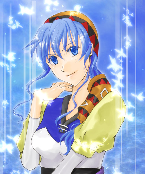 1girl, blue_hair, butterfly, feathers, hat, luna_(lunar), luna_noah, lunar