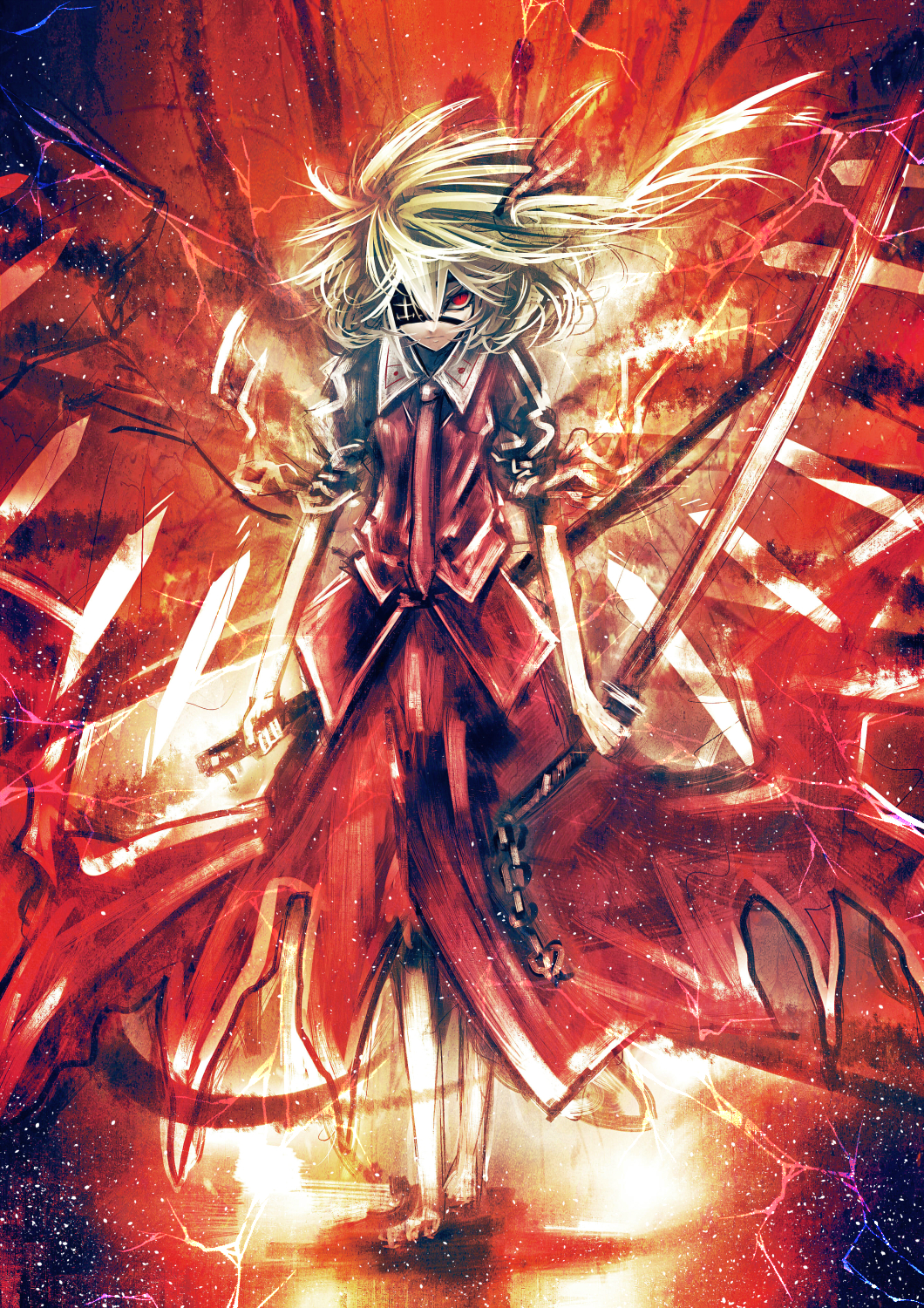 1girl, blonde_hair, chains, denpa_rasaito, dual_wielding, eyepatch, flandre_scarlet, highres