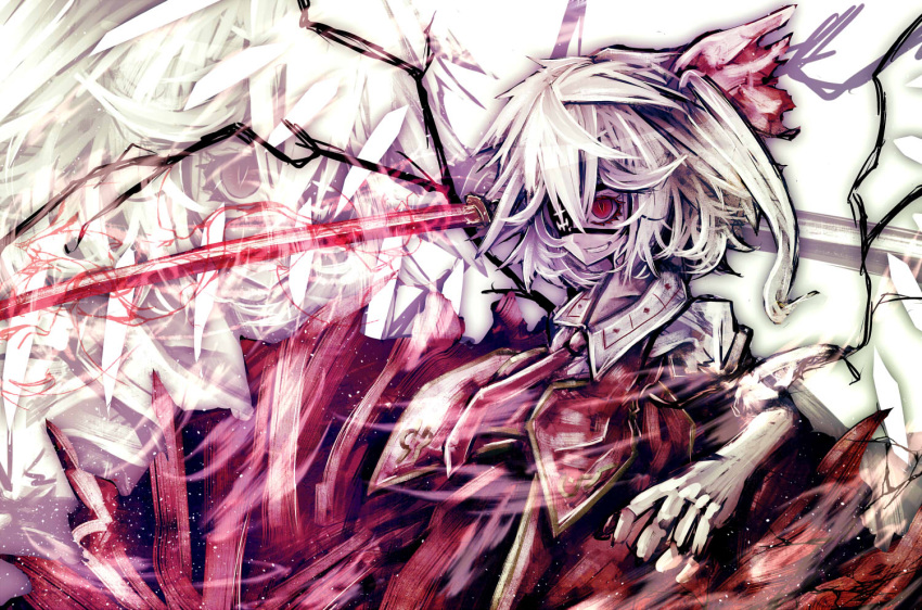 1girl, blonde_hair, colored_eyelashes, denpa_rasaito, eyepatch, flandre_scarlet, grin, necktie