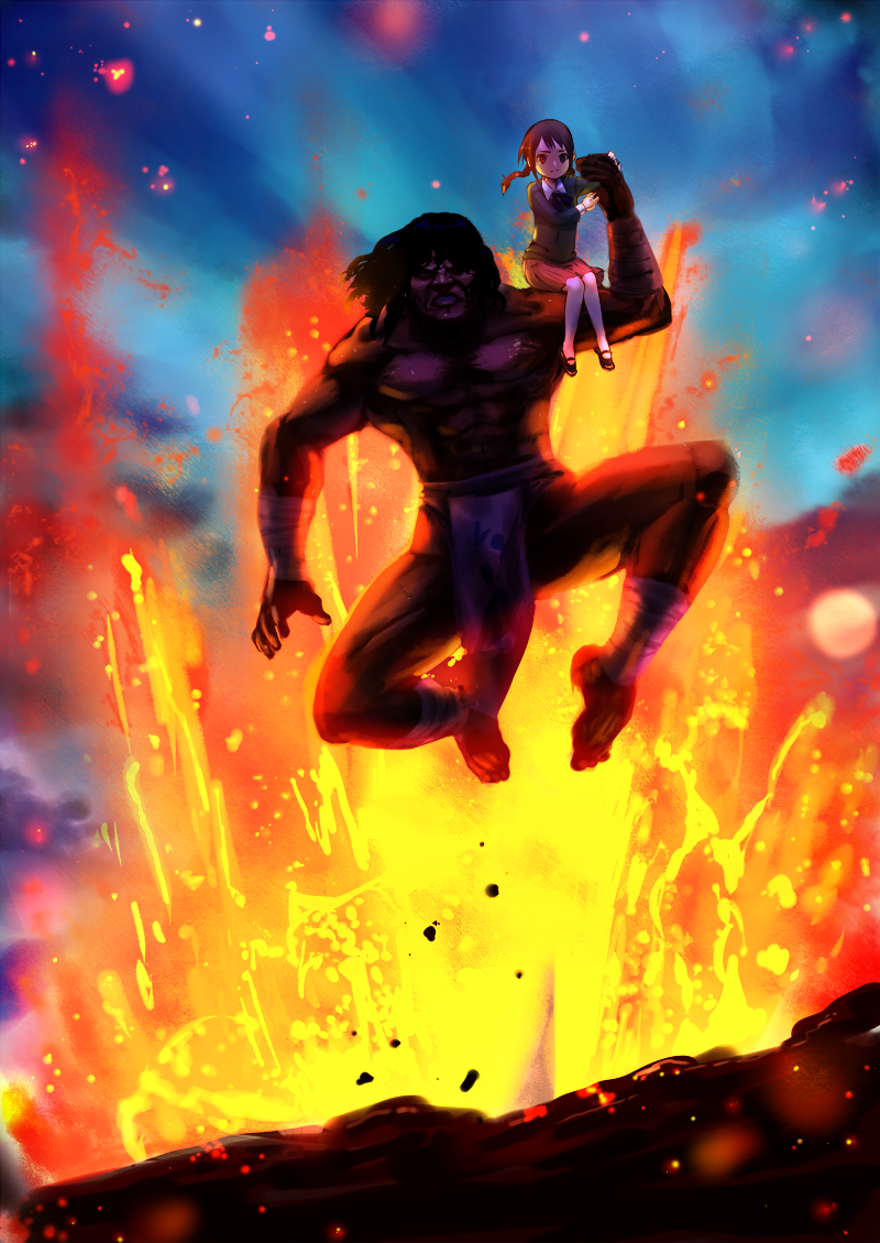 1boy, 1girl, arc_the_lad, arc_the_lad_ii, cojibou, father_and_daughter, gruga, gruga_(arc_the_lad), short_hair, volcano