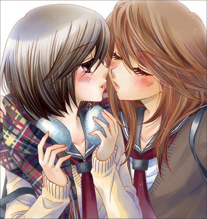 2girls, blush, closed_eyes, couple, earmuffs, girl_friends_(manga), incipient_kiss, kumakura_mariko