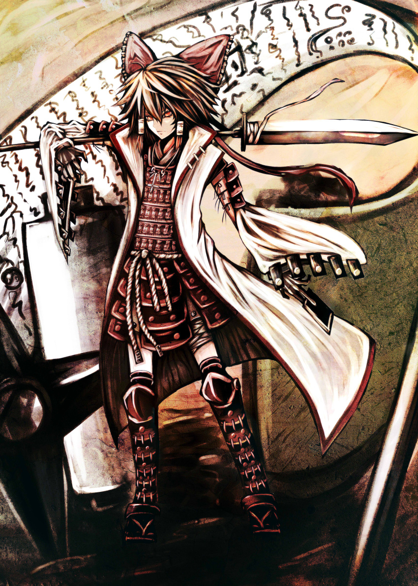 1girl, absurdres, alternate_costume, armor, bow, brown_hair, denpa_rasaito, detached_sleeves