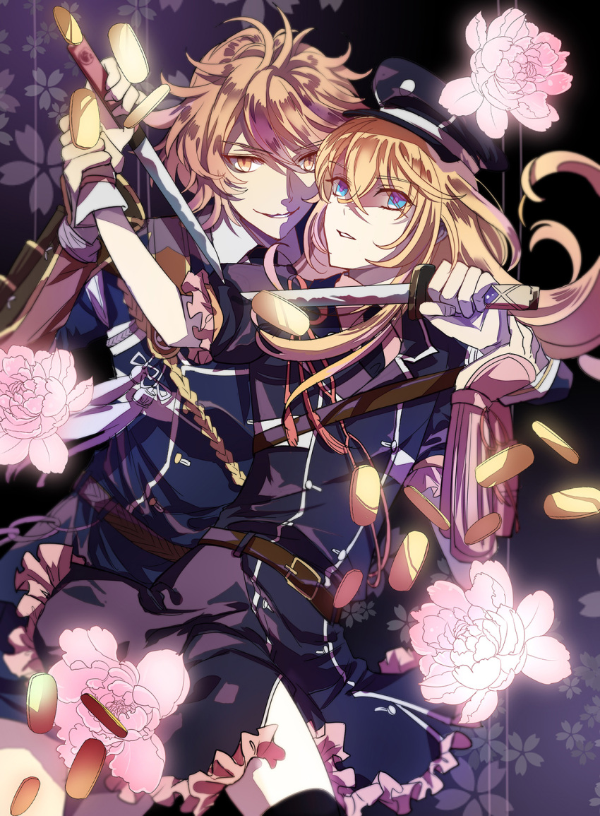 2boys, black_legwear, blonde_hair, blue_eyes, brown_eyes, brown_hair, coin, dress