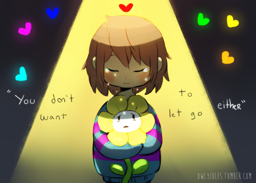 androgynous, blush, brown_hair, closed_eyes, crying, english, flower, flowey_(undertale), frisk_(undertale), glowing, heart, holding, holding_flower, hug, hug_from_behind, looking_up, owlyjules, parted_lips, short_hair, spoilers, spotlight, striped, striped_sweater, sweater, tears, undertale, watermark, web_address