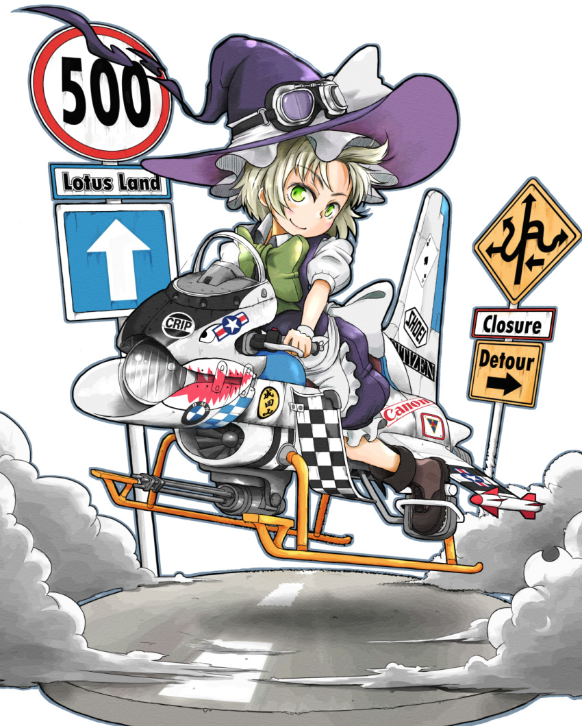 1girl, ace_of_spades, airplane, alternate_hairstyle, blonde_hair, bmw, boots, bow