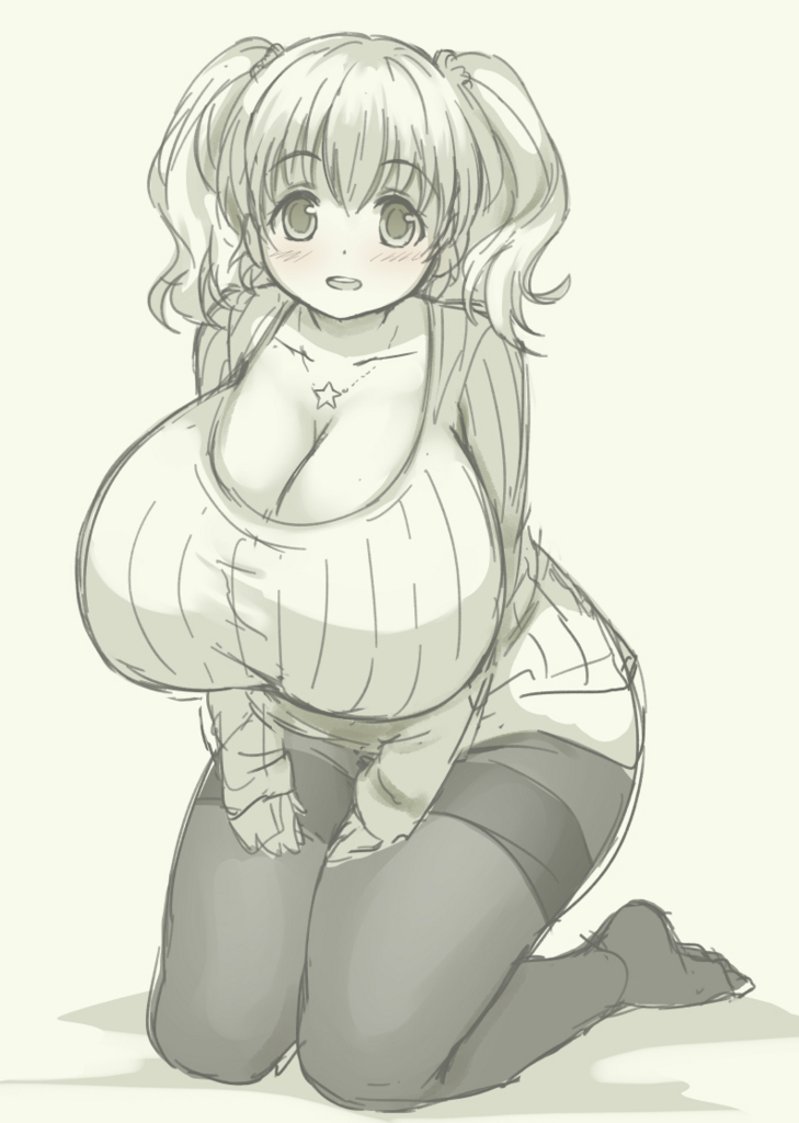 1girl, blush, breasts, cleavage, gigantic_breasts, greyscale, jewelry, kneeling