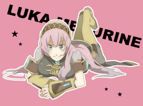 hayato_(meromoni), megurine_luka, on_stomach, open_mouth, smile, thighhighs, vocaloid