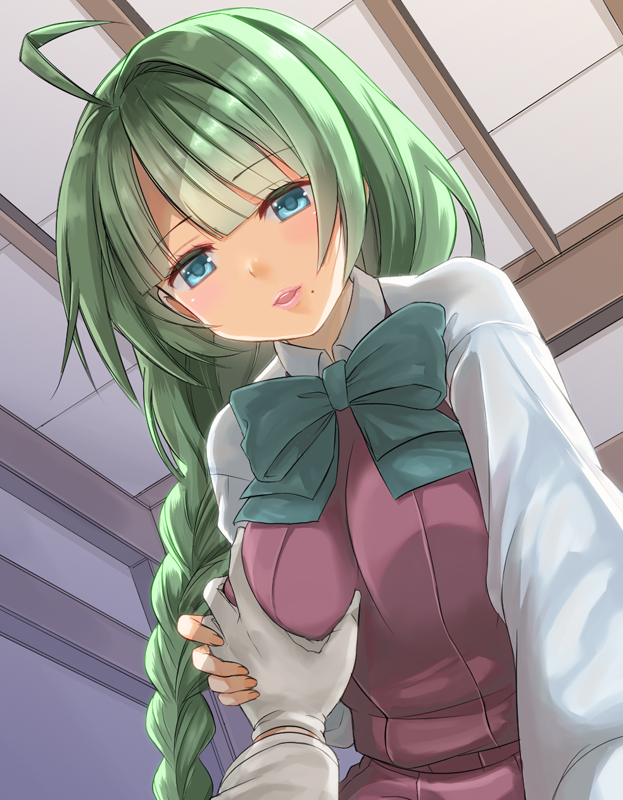 1boy, 1girl, ahoge, bangs, blue_eyes, blunt_bangs, blush, bow