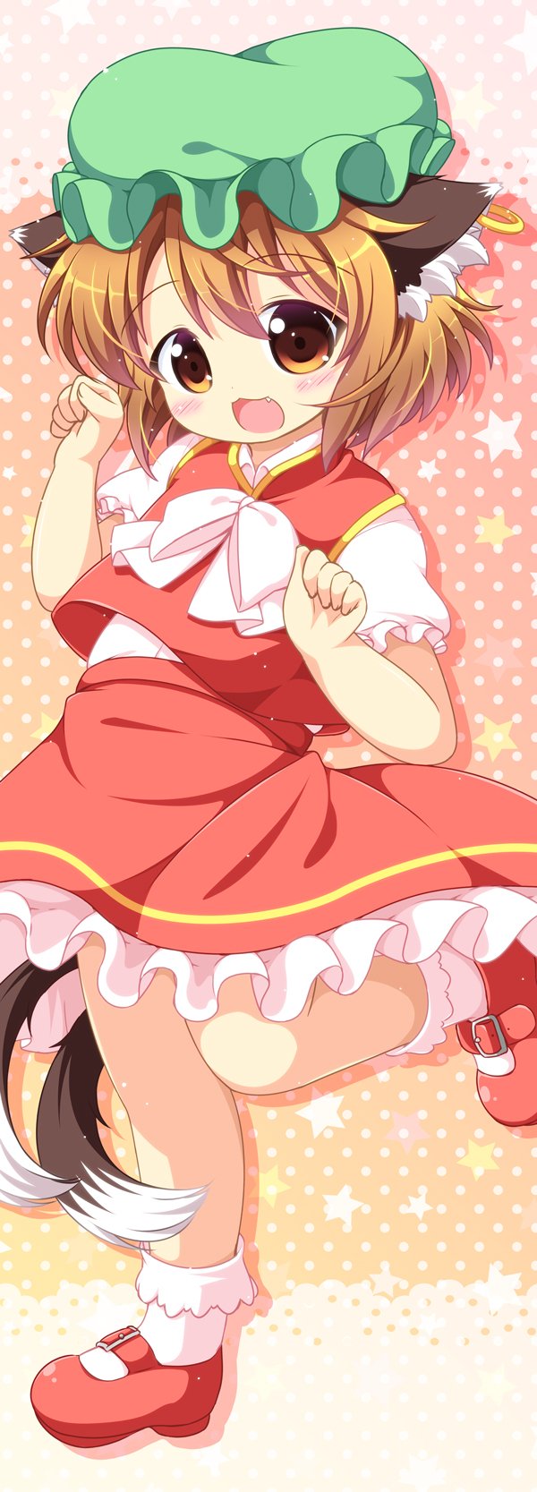 1girl, :d, animal_ears, belly, brown_eyes, brown_hair, cat_ears, cat_tail