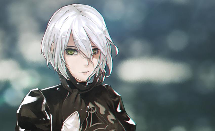 1girl, breasts, chromatic_aberration, green_eyes, hairband, kelvin926, nier, nier_automata
