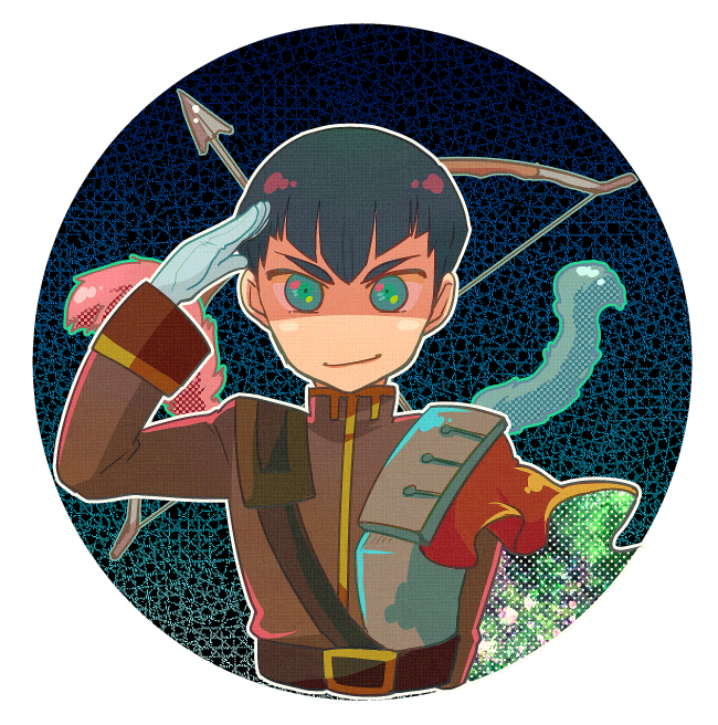 1boy, belt, black_hair, blue_eyes, bow, bow_(weapon), brown_hair, cowboy_shot