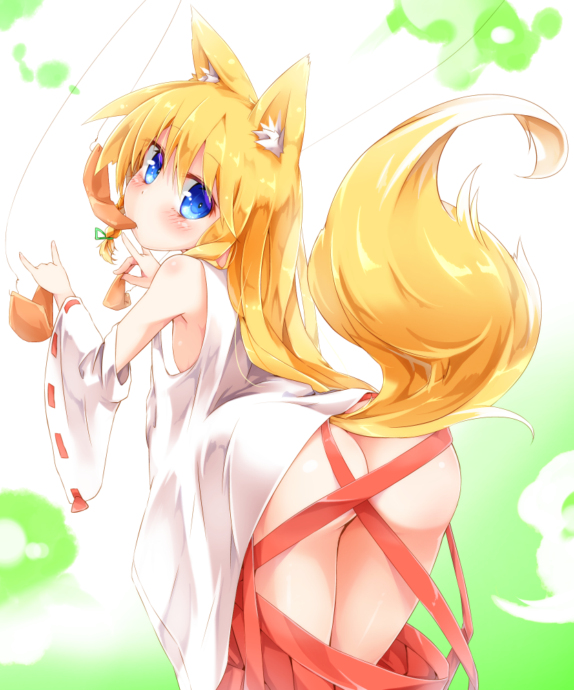 1girl, aburaage, animal_ears, ass, bent_over, blonde_hair, blue_eyes, blush