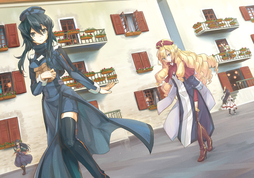 4girls, animal_ears, black_boots, black_hair, blonde_hair, boots, brown_boots, dutch_angle, fox_ears, hair_between_eyes, hat, kanran, kushi_yatama, liese_(log_horizon), log_horizon, long_hair, mikakage_(log_horizon), multiple_girls, nazuna_(log_horizon), rieze_(log_horizon), smile, takayama_misa, thigh-highs, thigh_boots, zettai_ryouiki