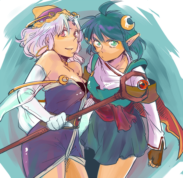 2girls, blue_hair, blue_skirt, breasts, celine_jules, cowboy_shot, fingerless_gloves, gloves