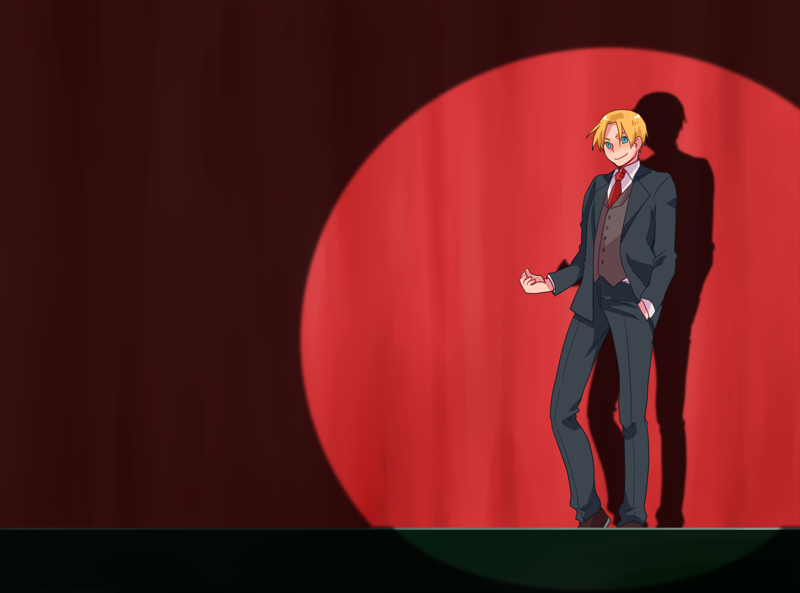 1boy, black_pants, blonde_hair, blue_eyes, claude_kenni, formal, full_body, iide_shou