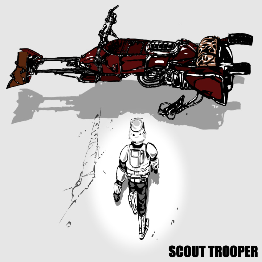 1boy, akira, armor, bicycle, crack, damaged, faceless, faceless_male, highres, parody, science_fiction, scout_trooper, shadow, solo, star_wars, stormtrooper, walking