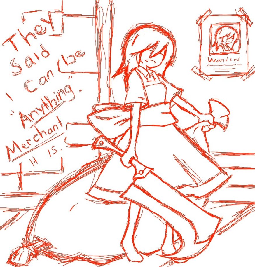 1girl, acyo, bag, butcher, butcher_knife, dress, food, monochrome